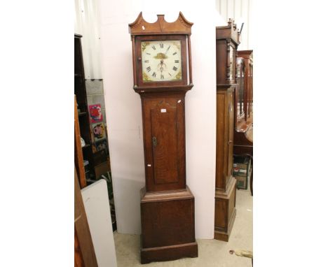 18th / 19th century Oak Longcase Clock, the painted face decorated with a cottage, Roman numerals and a seconds aperture, mar