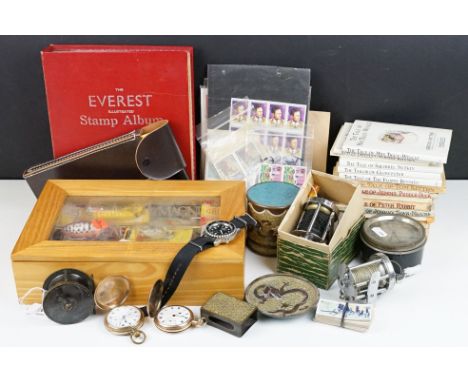 A box of mixed collectables to include pocket watches, wristwatch, Smiths car clock, fishing tackle, Beatrix Potter books ...