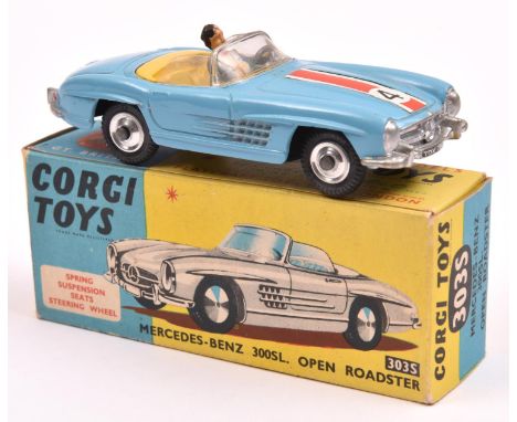 Corgi Toys Mercedes-Benz 300SL Open roadster (303S). An example in light blue with yellow interior, red/white flash RN3 to bo