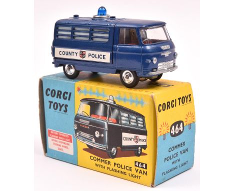 Corgi Toys Commer Police Van (464). Example in dark metallic blue with County Police on white background, red interior and ba