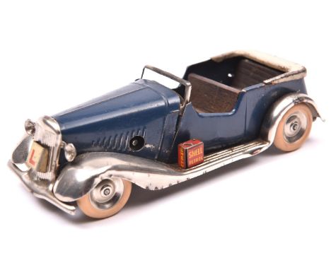 A scarce Tri-ang Minic tinplate clockwork Learners Car No.12m. A 1930's example in dark blue with light grey tonneau, with pl