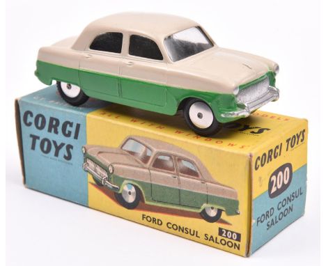 Corgi Toys Ford Consul Saloon (200). A rare example in pale grey upper with bright green lower body, smooth wheels and black 