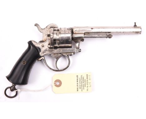 A Belgian “Guardian American Model” 6 shot 9mm open frame DA pinfire revolver,  9” overall, octagonal barrel 4¾”; the frame n