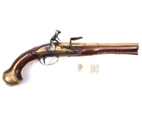 A 20 bore brass barrelled flintlock holster pistol, by Segalas, London, c 1720,  16” overall, 3 stage barrel 9½” with London 