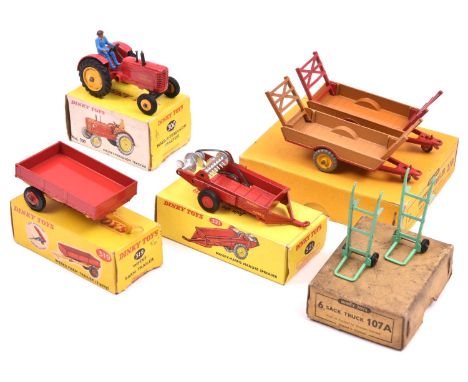 5 Dinky Toys. A Trade Pack of 3 Harvest Trailer 27B, containing 2 examples in light brown and red with variations. Plus anoth