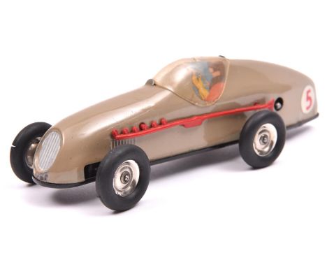 A Tri-ang Minic tinplate clockwork Racing Car 13M. Closed cockpit example in light grey with red exhaust, black chassis, plas