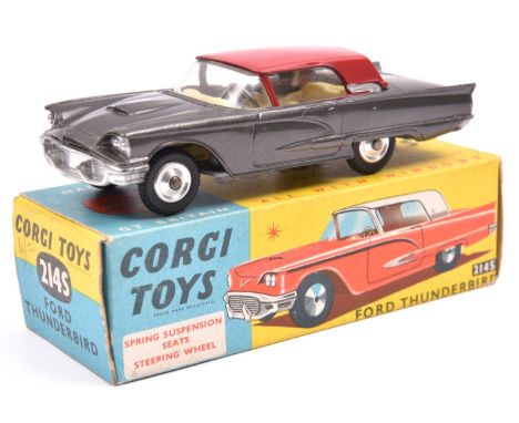 Corgi Toys Ford Thunderbird (214S). Example in dark metallic grey with red roof and yellow interior. Boxed, minor wear, with 