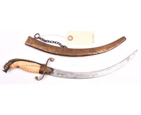 A late 18th century naval dirk,  sharply curved blade 9”, brass hilt with “S” shaped crossguard and diamond panelled langets,