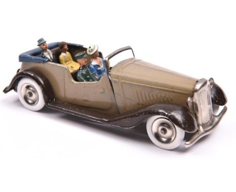 A Tri-ang Minic pre-war Vauxhall Tourer (17M). An example in fawn with black wings. Petrol can to running board. With 4x figu