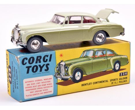 Corgi Toys Bentley Sports Saloon (224). An example in pale green and metallic green with red interior, dished spun wheels wit