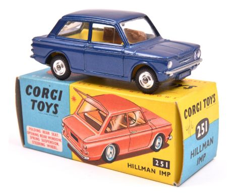 Corgi Toys Hillman Imp (251). An example in dark metallic blue with yellow interior, dished spun wheels and black tyres. Boxe