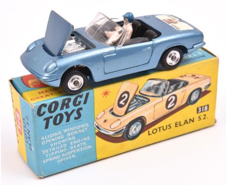 Corgi Toys Lotus Elan S2. (318). Example in light metallic blue with black interior, 'I've Got a Tiger in my Tank' decal to b