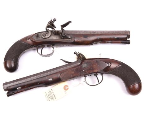 A pair of 18 bore flintlock holster pistols, c 1810,  13½” overall, octagonal twist barrels 8” with gold touch holes; flat st