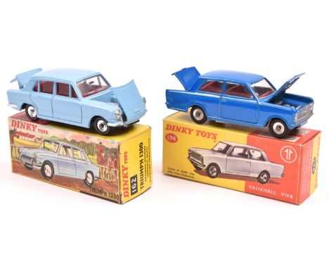 2 Dinky Toys. Triumph 1300 (162) in light blue with red interior. Plus a Vauxhall Viva (136) in bright blue with red interior