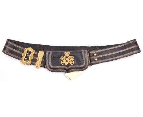 A Vic officer’s black leather shoulder belt and pouch of the R Army Medical Corps,  black leather belt with 3 embroidered str