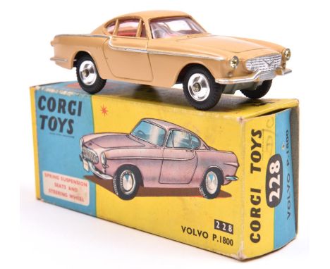 Corgi Toys Volvo P1800 (228). Scarce example in beige with red interior, dished spun wheels and black tyres. Boxed, some wear