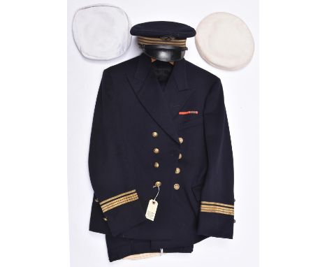 An interesting WWII Free French naval officers uniform, comprising blue peaked cap with 3 lines of gilt lace, black PL peak a
