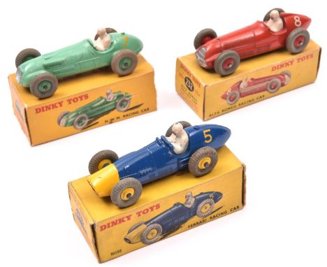 3 Dinky single seat racing cars. Ferrari Racing Car (234). In dark blue with yellow nose and wheels, RN5. Alfa Romeo Racing C