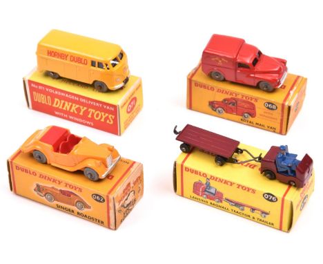 4 Dublo Dinky Toys. No.062 Singer Roadster in orange with red interior and grey smooth plastic wheels. No.068 Morris 1000 Pos