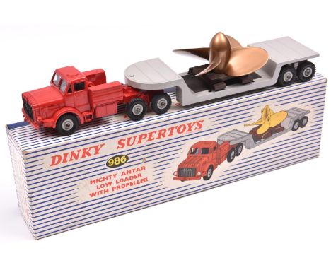 Dinky Supertoys Mighty Antar Low Loader with Propeller (986). Tractor unit in bright red with grey wheels, cab with window gl