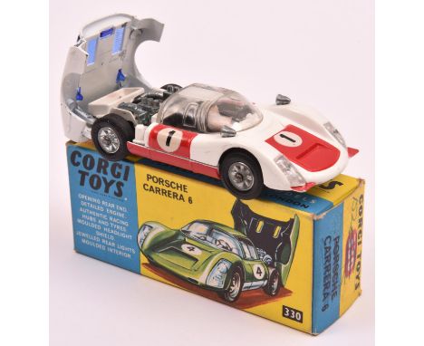 Corgi Toys Porsche Carrera 6 (330). Example in white with red panels and lower sides, RN1, blue plastic engine cover, cast wh