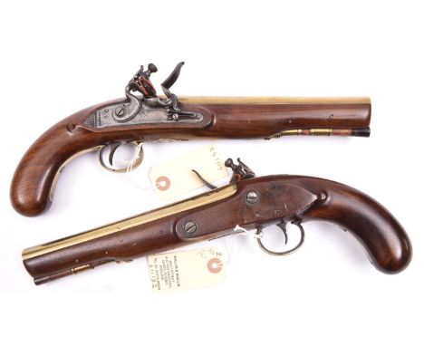 A pair of 24 bore brass barrelled flintlock holster pistols, by Ketland &amp; Co, c 1820, 13” overall, barrels 8” with B’ham 