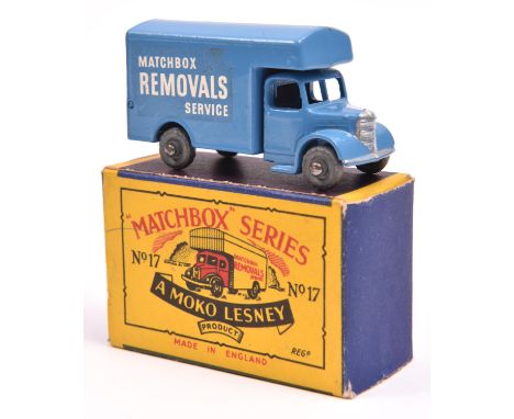 Matchbox Series No.17 Matchbox Removal Van. A scarce example in light blue with metal wheels. Boxed, very minor wear. Vehicle