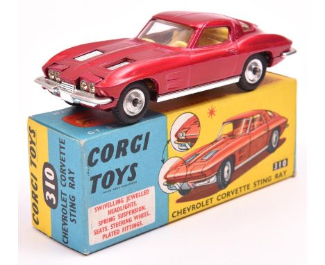Corgi Toys Chevrolet Corvette Sting Ray (310). In metallic cerise with yellow interior, dished wheels and black tyres. Boxed,