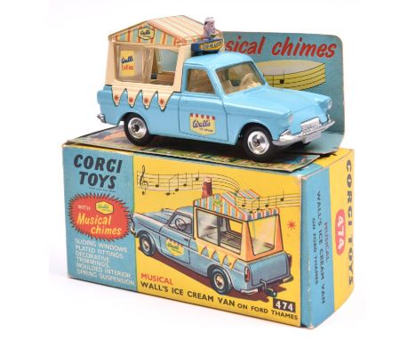 Corgi Toys Musical Wall's Ice Cream Van on Ford Thames (474). In light blue and cream livery, 2 chimes working, with dished s