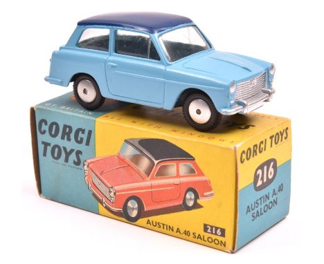Corgi Toys Austin A.40 Saloon (216). In light blue with dark blue roof, smooth spun wheels with black tyres. Boxed, minor fad