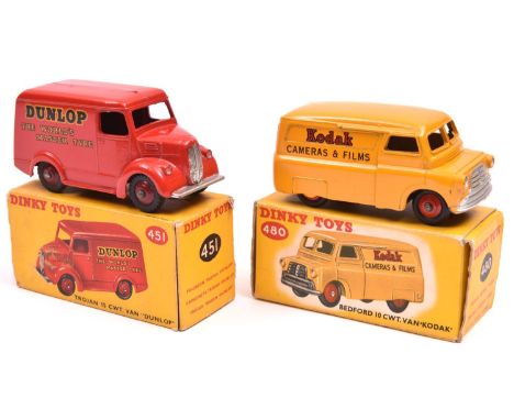 2 Dinky Toys Vans. Trojan 15CWT 'DUNLOP' (451) in bright red livery, with maroon wheels and black tyres. Plus a Bedford 10CWT