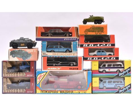 12 Russian produced vehicles. All approx 1:43 scale, including Volga Police Car in white and light blue and saloon in black. 