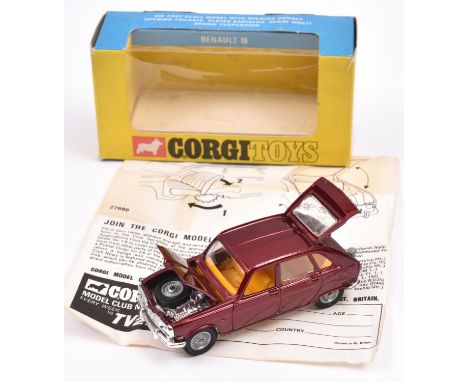 Corgi Toys Renault 16 (260). In metallic maroon with yellow interior, cast wheels with black tyres. In late issue window box,