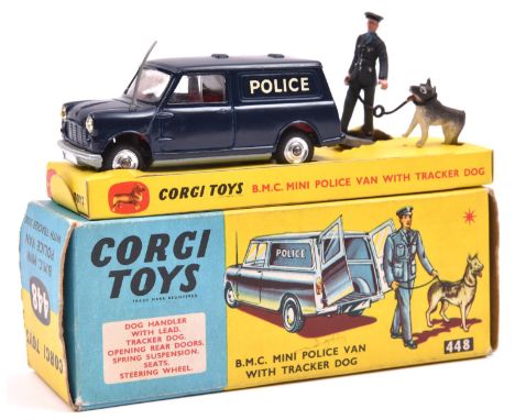 Corgi Toys B.M.C. Mini Police Van - with tracker dog (448). Van in dark blue with red interior, POLICE to sides, complete wit