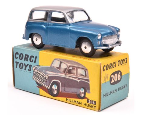 Corgi Toys Hillman Husky (206). Example in metallic silver and metallic blue, with smooth spun wheels and black tyres. In a r