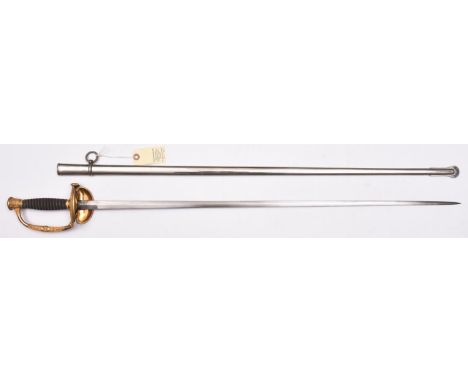 A late 19th century US officer’s dress sword,  slender shallow diamond section blade 32”, ornamental gilt hilt with double sh