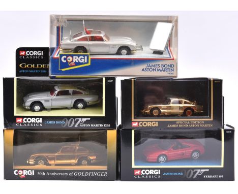 5 Corgi James Bond Cars. 4x Aston Martin DB5's. 1991, 1993 and 2x 1995 issues. 3x 1:36 scale, two in metallic silver and one 