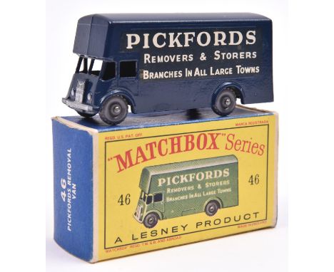 Matchbox Series No.46 Pickfords Removal Van. An example in dark blue with white roller shutter and grey plastic wheels. Boxed