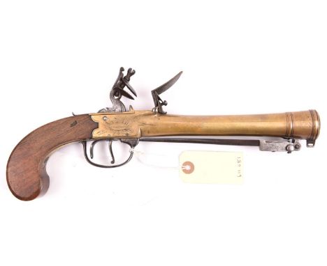 A brass barrelled and brass framed flintlock boxlock blunderbuss pistol with spring bayonet, by Walklate, London c 1810, 13” 