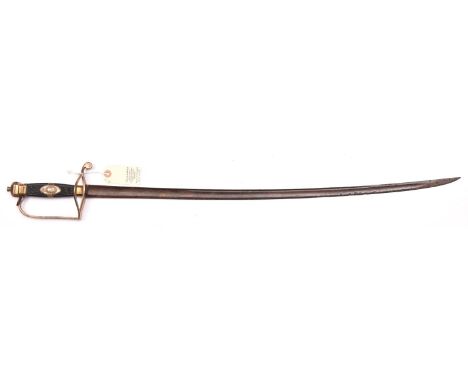A late 18th century Percy Tenantry infantry officer’s sword,  slightly curved, fullered blade 28”, with narrow back fuller to