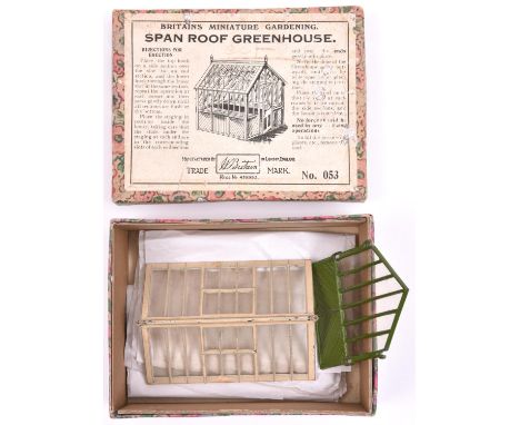 Britains lead Greenhouse (No.053). A complete 1930s Span Roof Greenhouse from the Britains Miniature Gardening series. In the