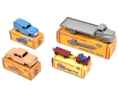 4 Dublo Dinky Toys. No.061 Ford Prefect in tan with grey plastic wheels. No.063 Commer Van in mid blue with grey plastic whee