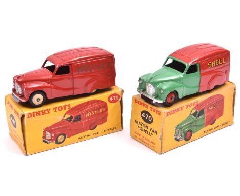 2 Dinky Toys Austin Vans.  'SHELL' (470) in mid green and red SHELL BP livery, with red wheels. Plus 'Nestle's' (471) in red 