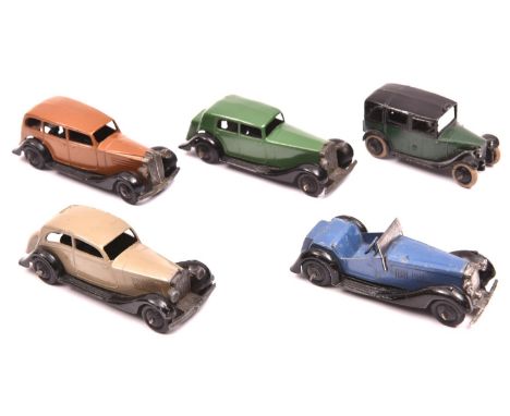 5x Dinky Toys. Rolls Royce (30b) in fawn. Taxi (36g) in green and black. Salmson 2-seater (36e) in dark blue. Vauxhall (30d) 