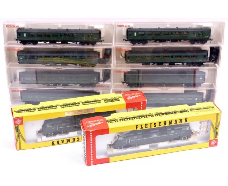 10x HO gauge railway by Fleischmann. Including 2x BR Class 42 diesel-hydraulic locomotives, both Greyhound D821, in unlined d
