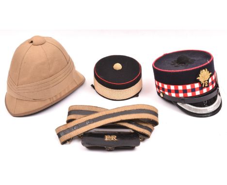 3 items of re-enactment headdress:  shako 72nd Highlanders, pill box hat and khaki tropical helmet; all GC; and a shoulder be