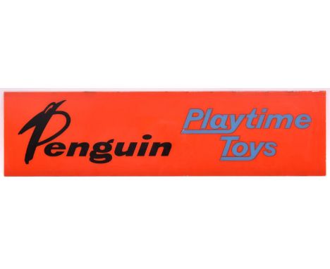 A Tri-ang Penguin glass advertising sign. Black and blue lettering 'Penguin Playtime Toys' with orange background. Dimensions