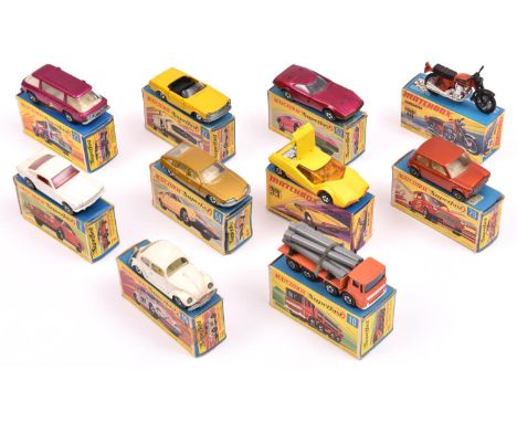 10x Matchbox Superfast. 8, Ford Mustang. 10, Pipe Truck. 15, Volkswagen. 18, Hondarora. 22, Freeman Inter-City Commuter. 27, 