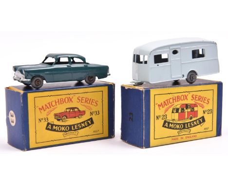 2 Matchbox Series. No.33 Ford Zodiac, in dark green with tow hook and metal wheels. Plus a No.23 Berkley Cavalier Caravan. In