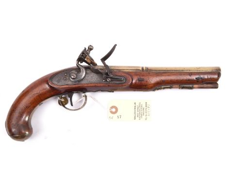 An interesting early 19th century Customs officer’s 24 bore brass barrelled flintlock holster pistol, by Barnett,  13¾” overa